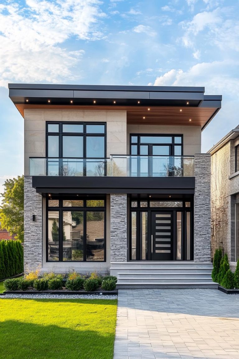 12 modern suburban house with a sleek minimalist facade characterized by clean lines and a flat roof. The structure primarily uses stucco and glass 3 768x1152 1