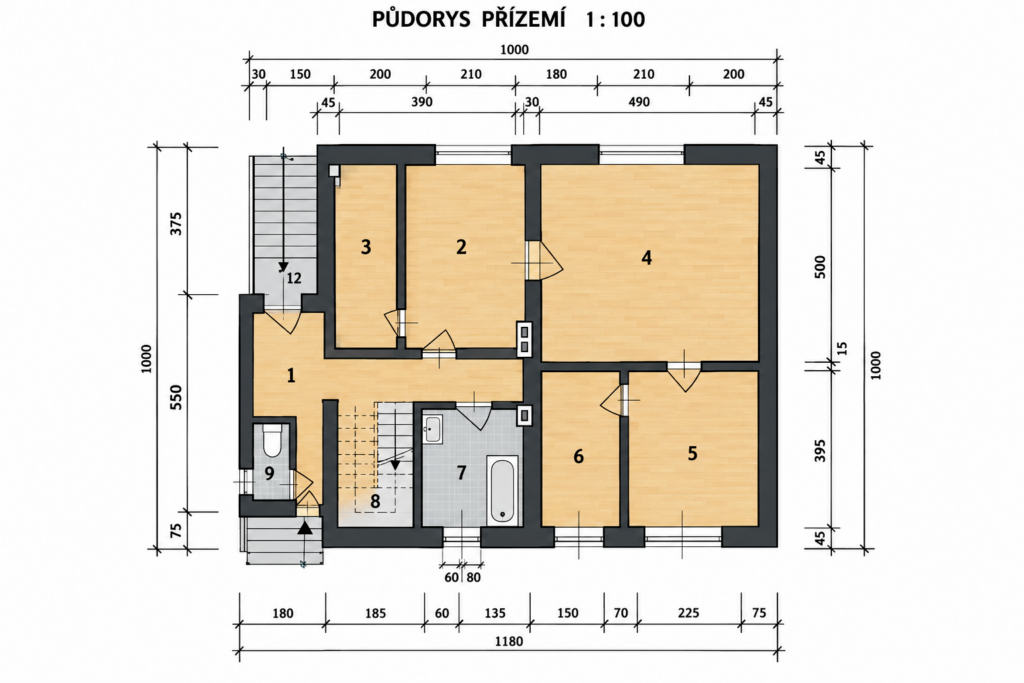 Prodej rodinného domu 2× 3+1, 245 m² 19 prodej rodinneho domu 2x 3 1 245 m2 velka bites lanice reality vencovsky brno kraj vysocina 01 detailni pudorys prizemi 1 100