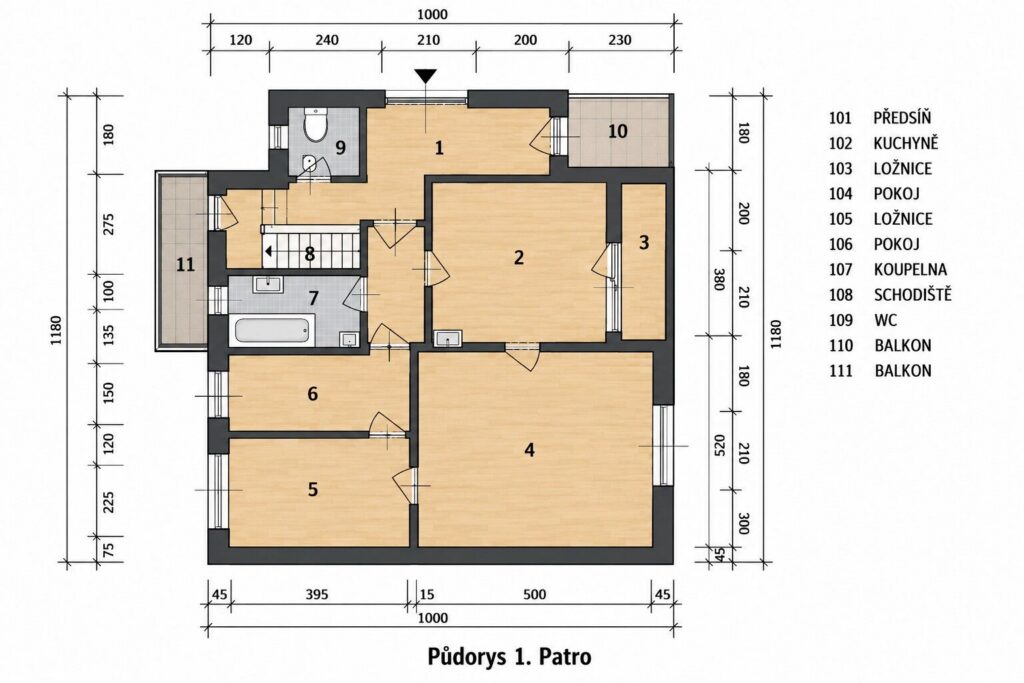 Prodej rodinného domu 2× 3+1, 245 m² 20 prodej rodinneho domu 2x 3 1 245 m2 velka bites lanice reality vencovsky brno kraj vysocina 31 technicky pudorys prvniho patra